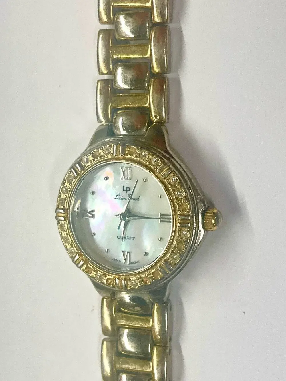 Lucien Piccard Ladies Quartz Watch MOP Dial Crystal Bezel Gold Tone Bracelet